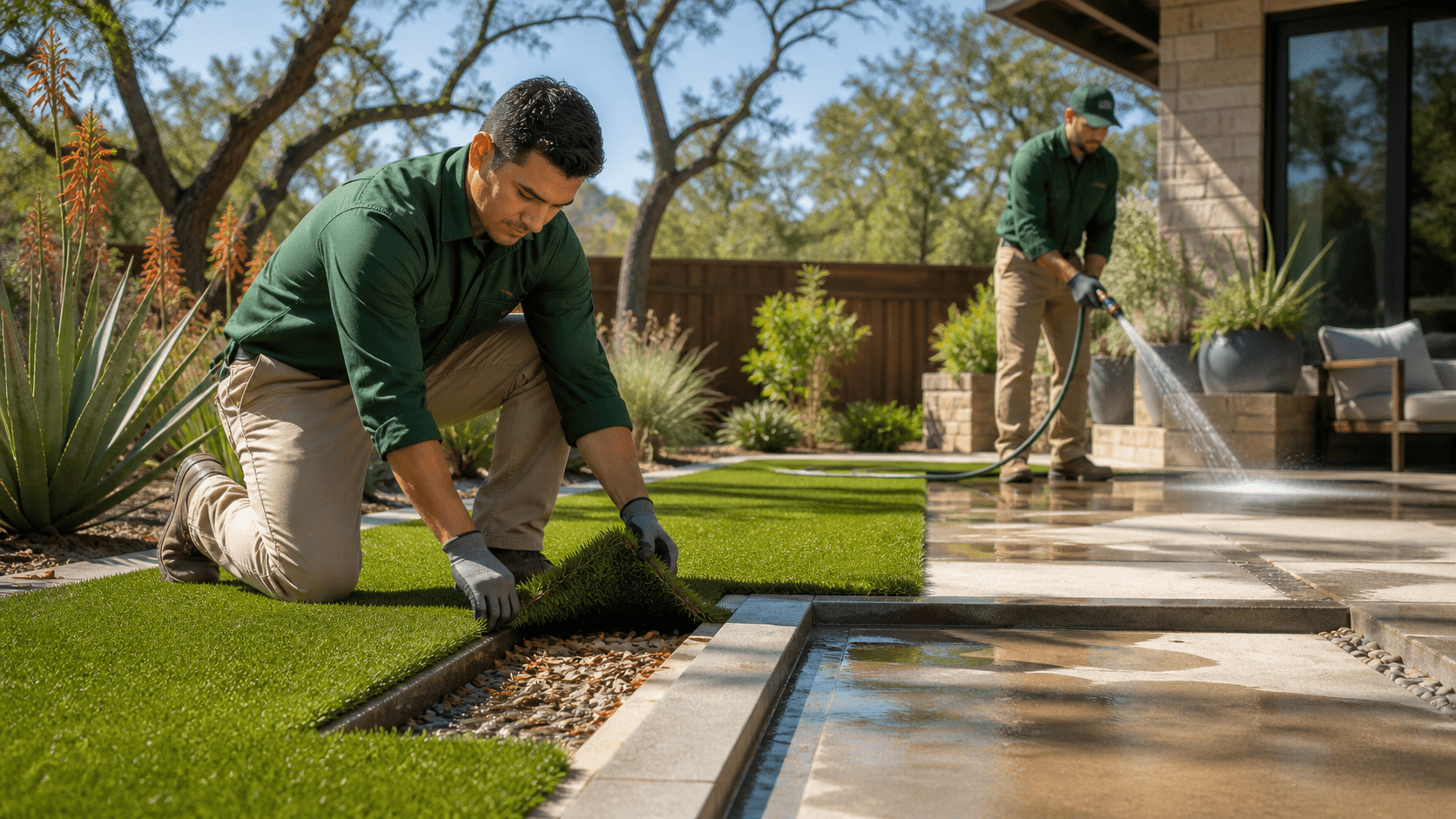 Close-up of green artificial turf with a drainage grate, scattered leaves, and sunlight casting soft shadows.