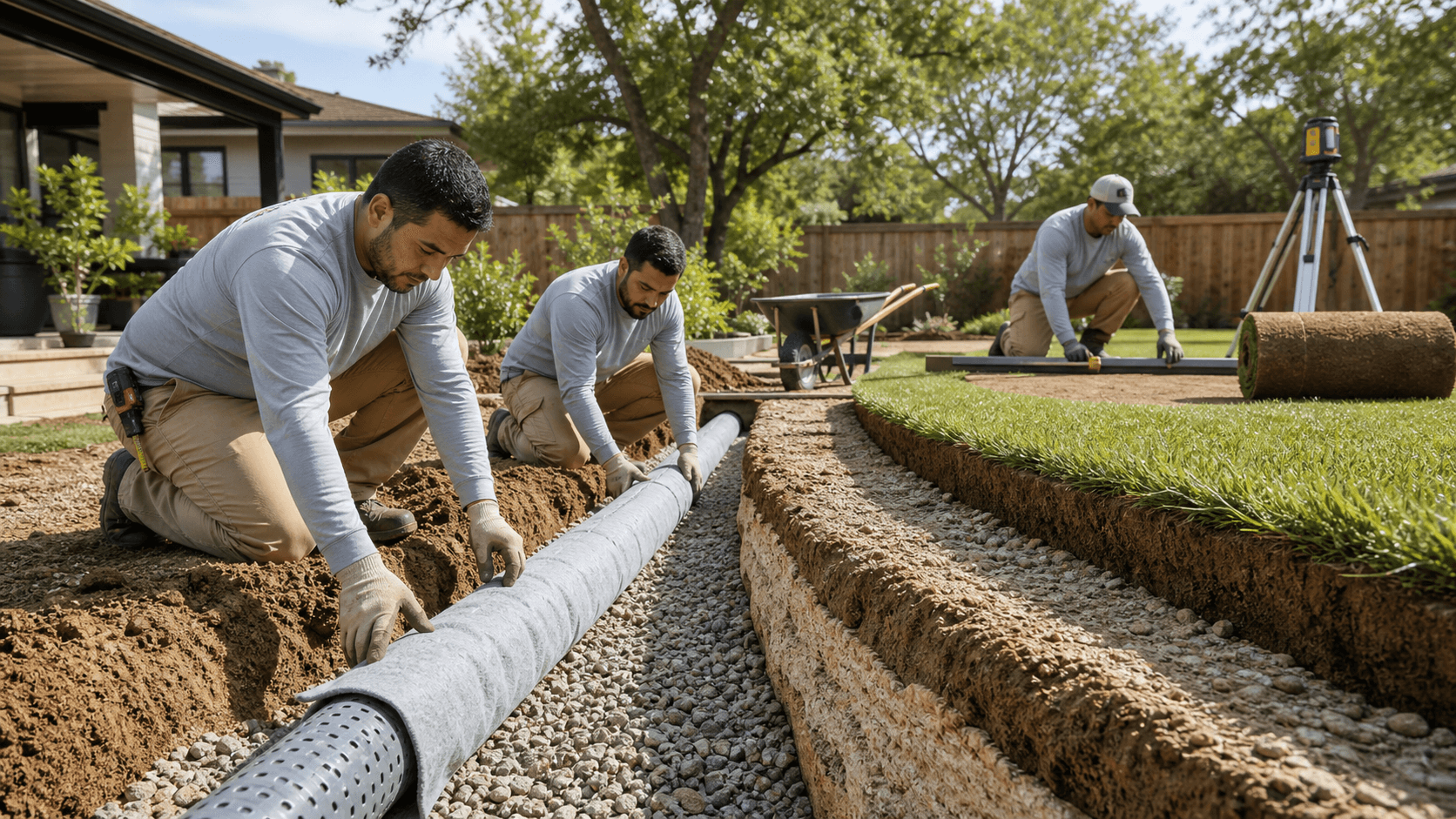 Worker installing a gravel-filled French drain trench across a green lawn under bright Texas sunlight