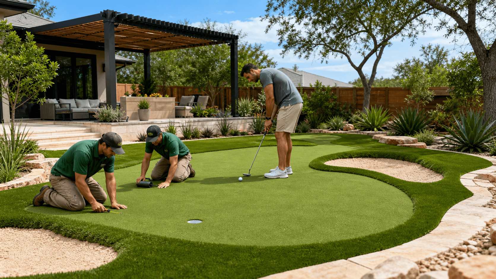 Sunny backyard putting green with bright artificial turf, golf hole and flag, bordered by stone patio and shrubs