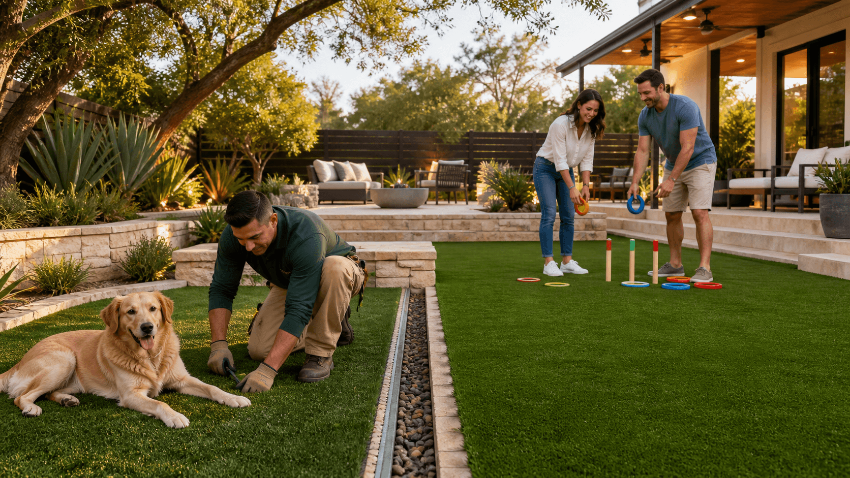 Split backyard with green artificial turf, a dog area, and a sunny children's play space in Austin.