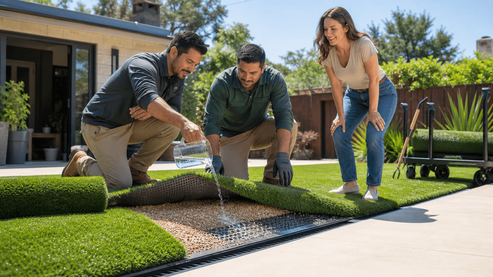 Sunny backyard with bright green artificial turf, a drain grate, and water puddles reflecting a blue sky
