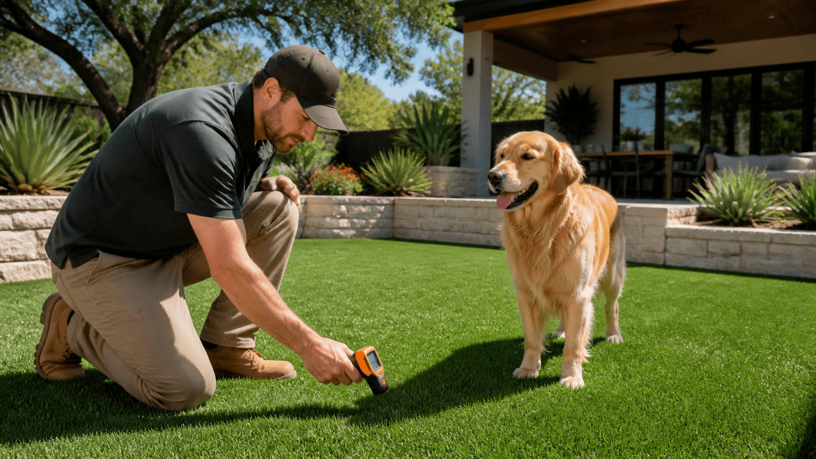 Golden retriever rests on bright green artificial turf beside a shaded Austin backyard patio.