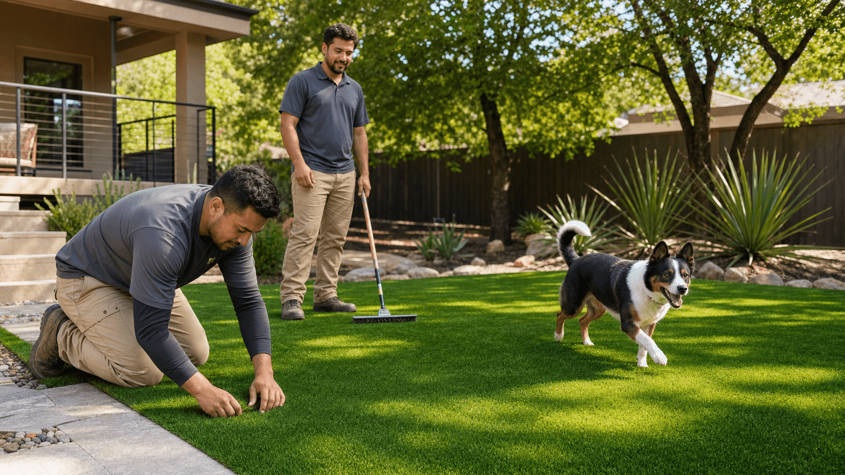 Golden retriever on bright green artificial grass in a sunny backyard with a wooden fence and patio stones