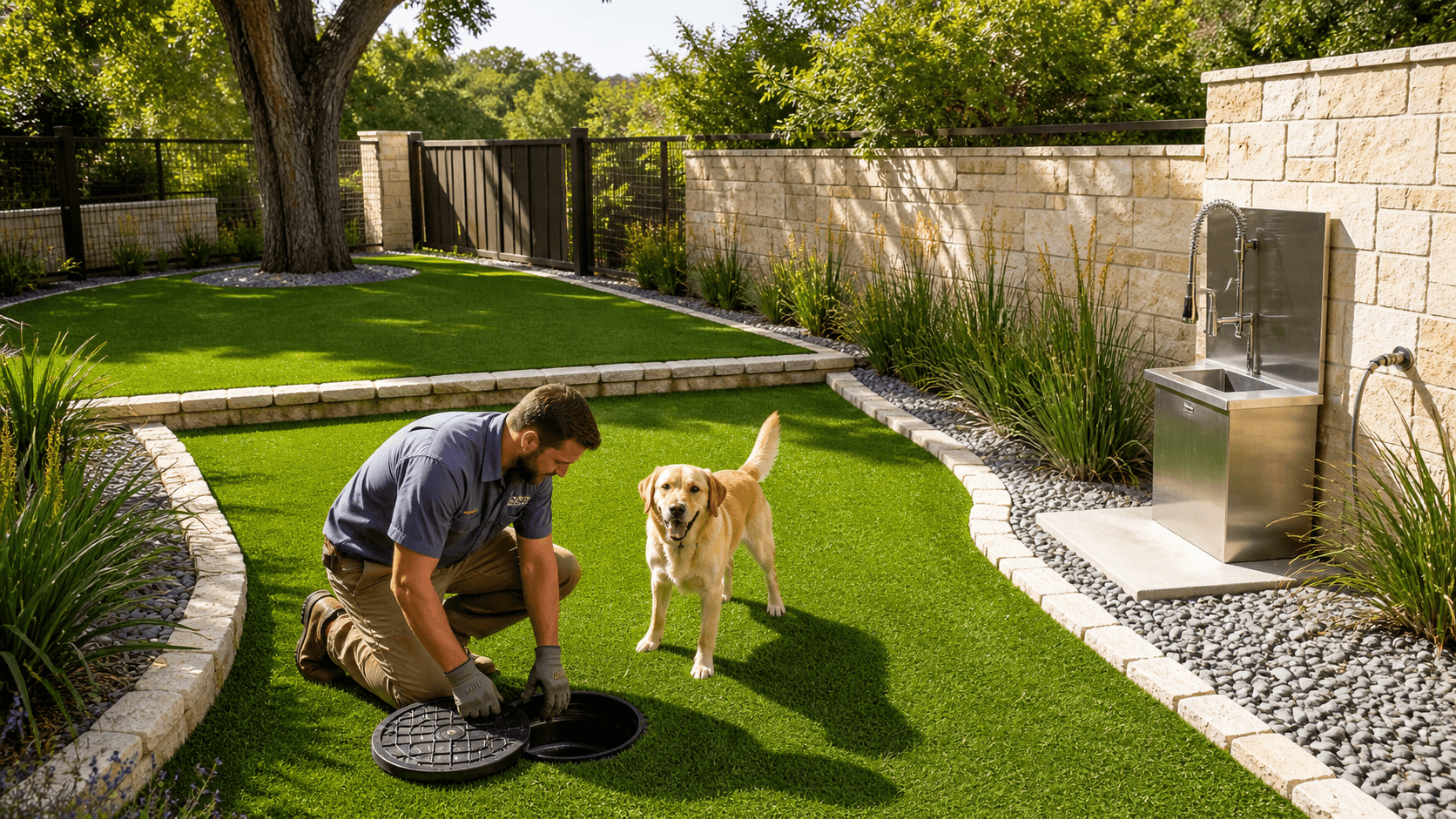 Modern dog run with green turf lanes, gravel drainage strips, and a stainless rinse station in bright daylight
