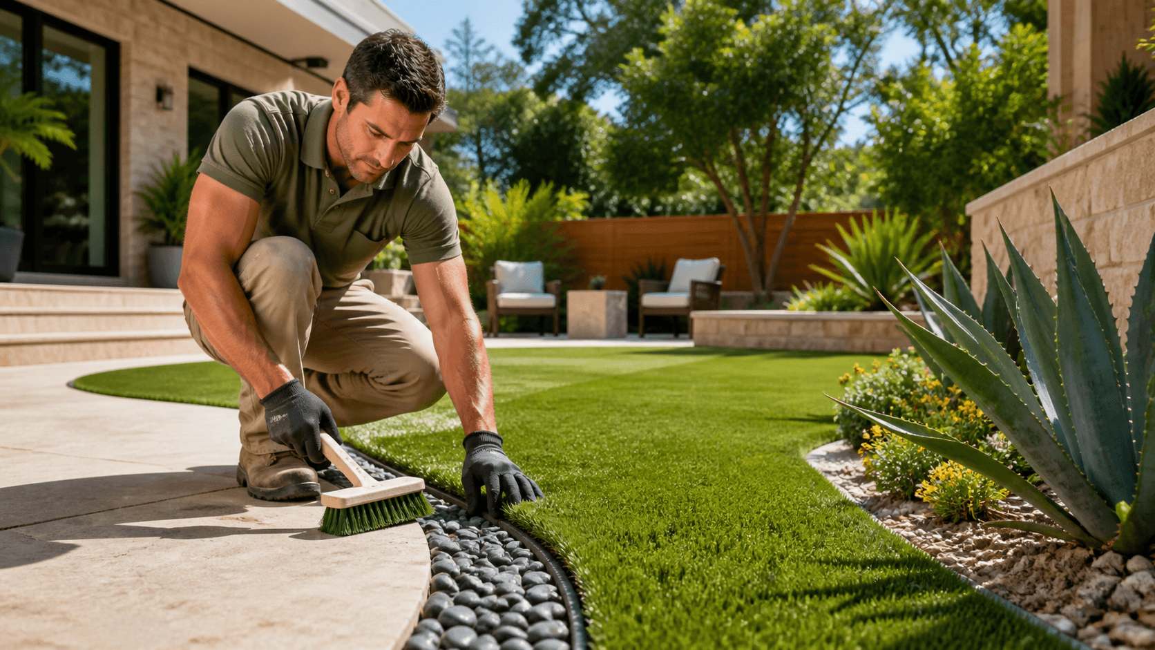 Sunlit artificial grass lawn beside a modern Austin home, with a garden hose and maintenance tools nearby.