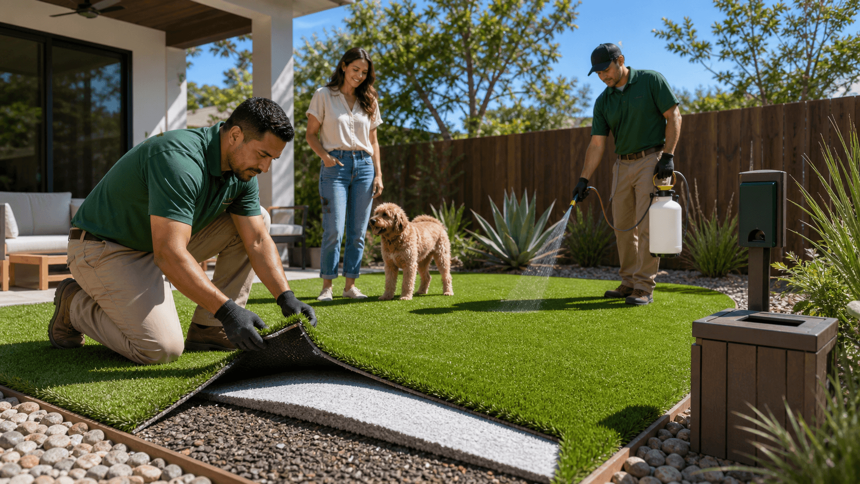 Golden retriever on bright green artificial turf beside a hose and scooper in a sunny backyard with a white fence
